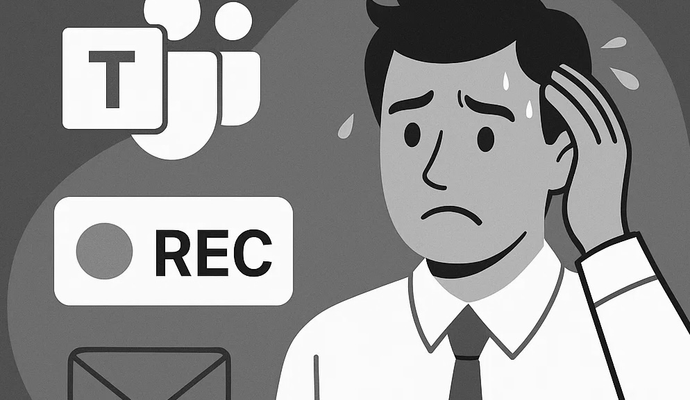 Cartoon graphic of a stressed man with the words 'rec' overlaid