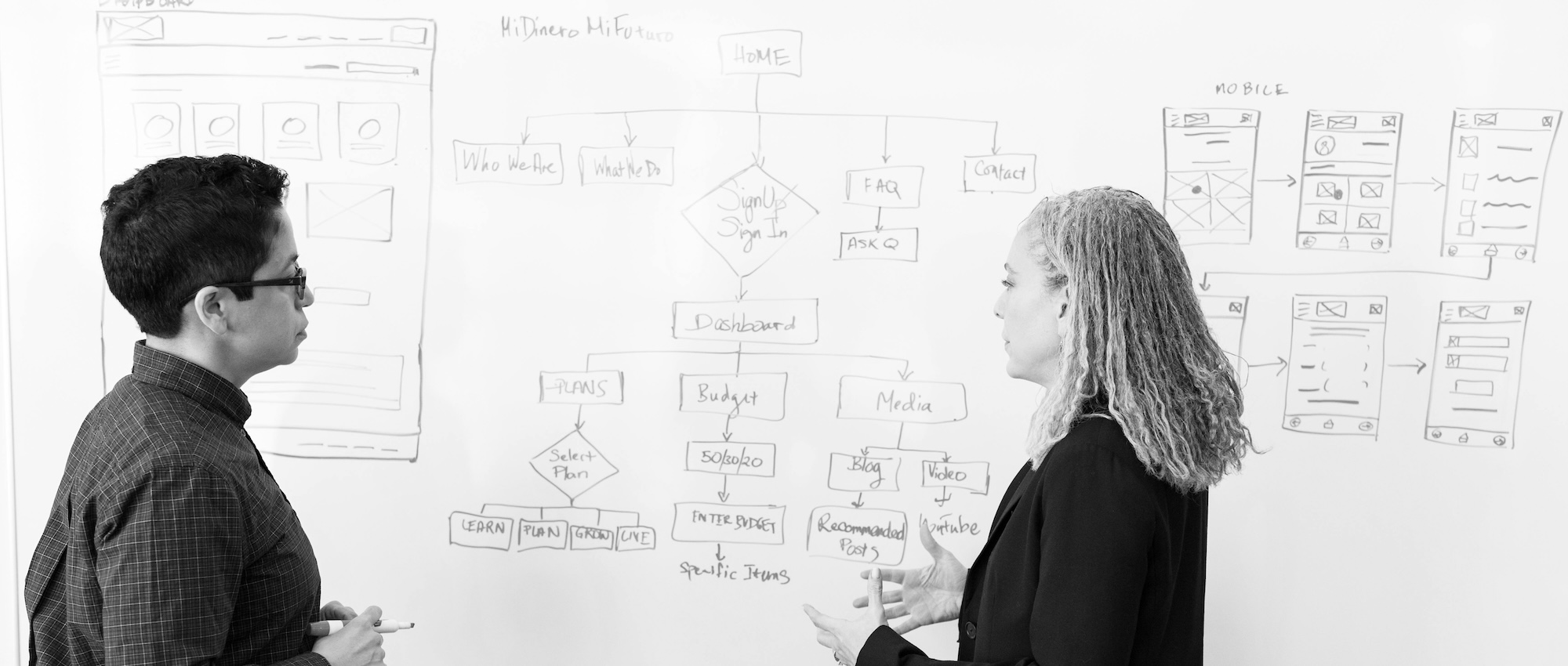 Two people standing in front of a whiteboard discussing strategy